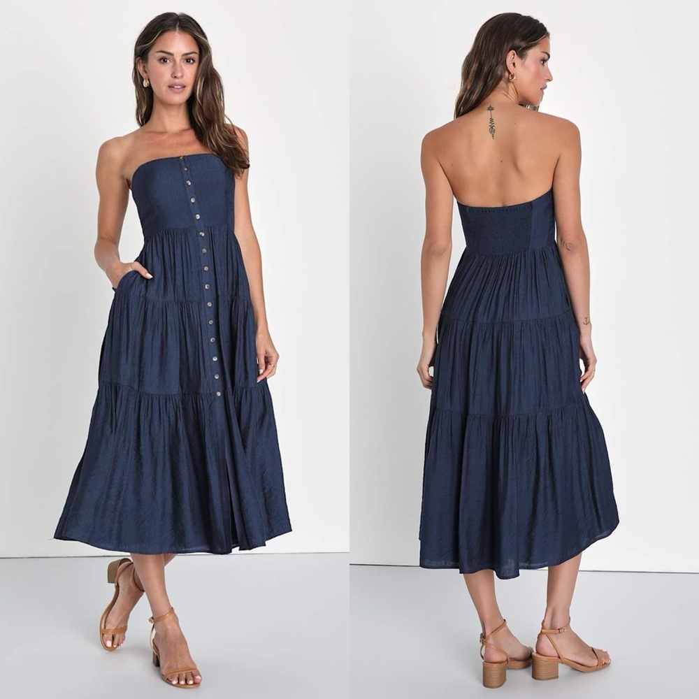 Lulus | Sweetness and Sunshine Navy Strapless Midi Dress With Pockets